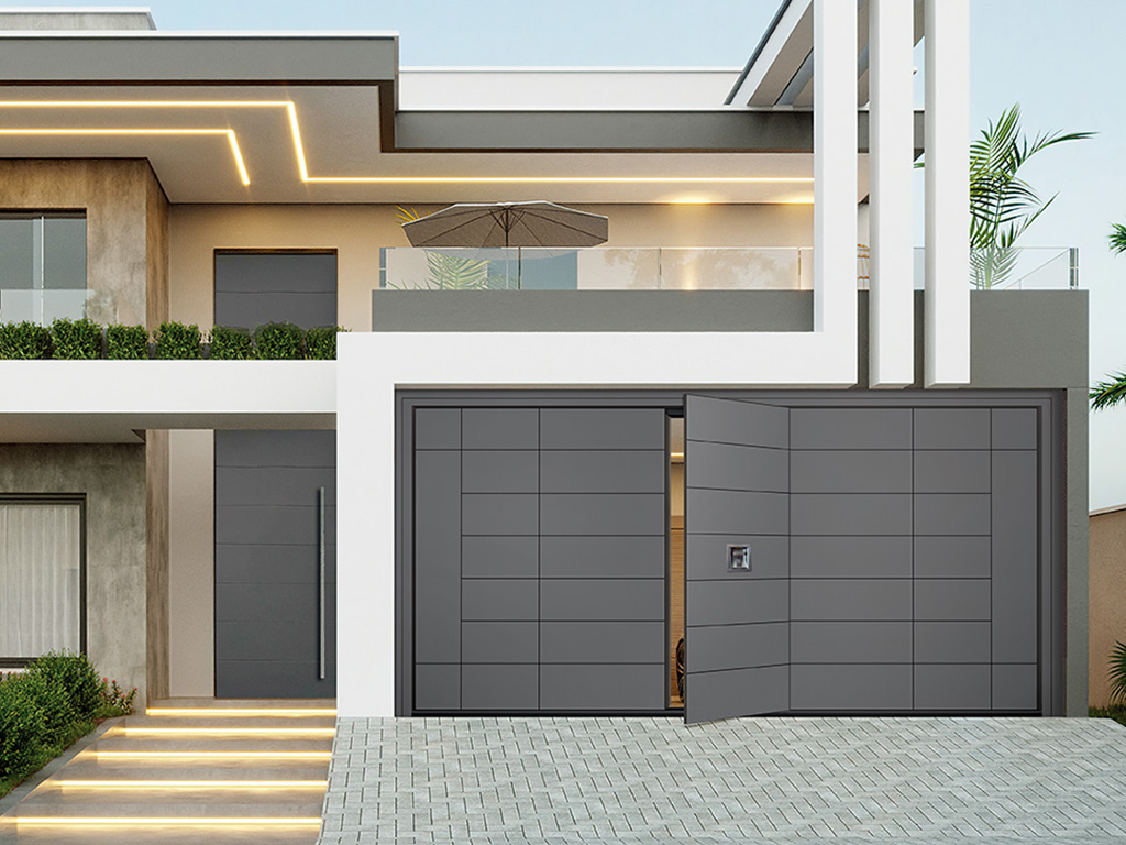 Two-Car Trackless Garage Door with Integrated Pedestrian Door