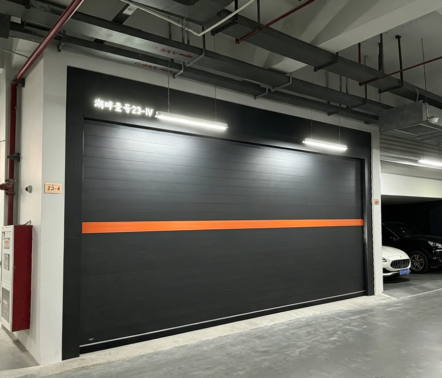 Island Villa trackless garage door with pedestrian entry